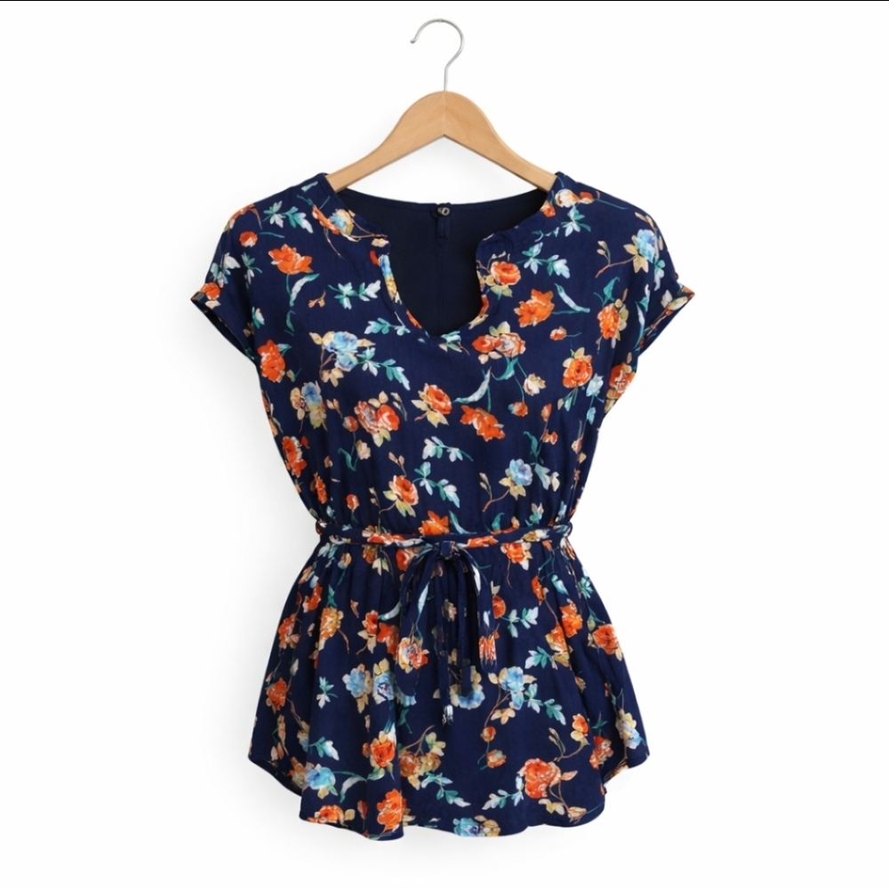 Le Lis Navy Floral Bohemian Babydoll Tunic Top Sz Lg